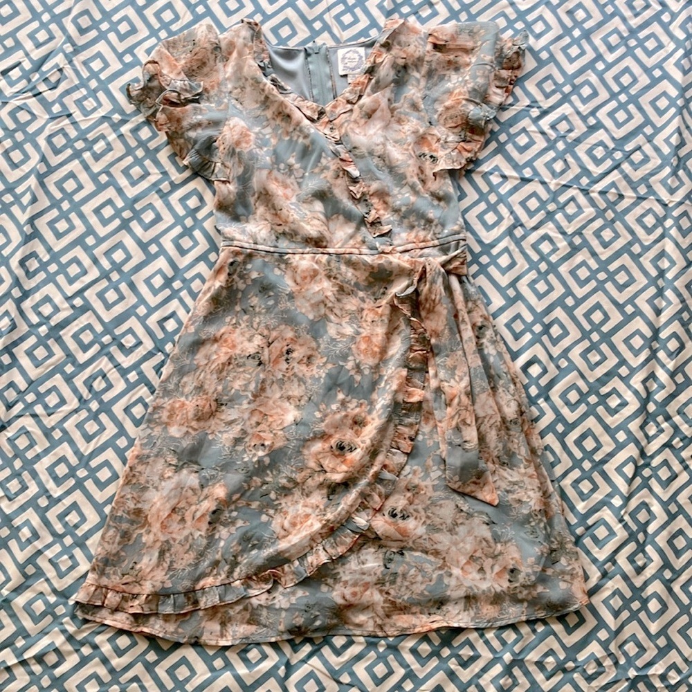 Floral Wrap Dress in Blue and Brown